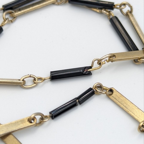 Vintage Black Glass Bugle Bead Multi Strand Gold Tone Chain Necklace 1970s - Picture 14 of 14